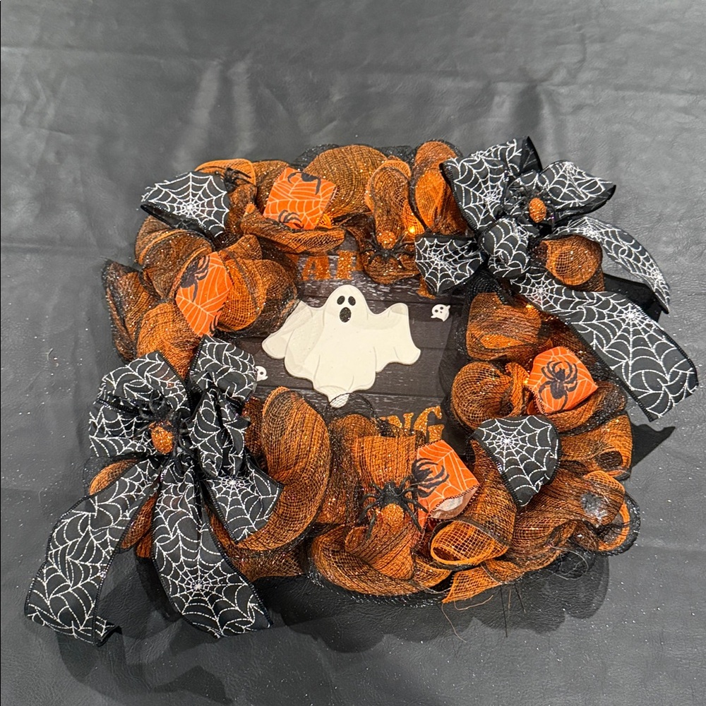 Halloween Ghost Wreath with Orange and Black Accents
